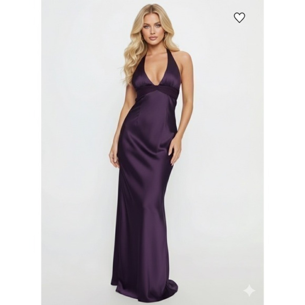 Princess Polly Odyssa Plum Purple Satin Halter Neck Open Back Maxi Gown 4